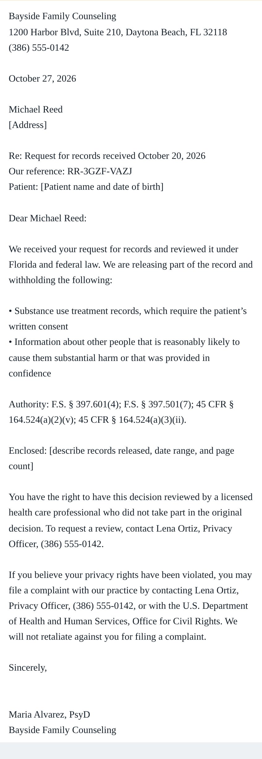 A partial release letter from Bayside Family Counseling. It lists the withheld records, cites the Florida statutes and HIPAA rules that apply, explains the requester’s right to a review, and names the practice’s privacy contact.